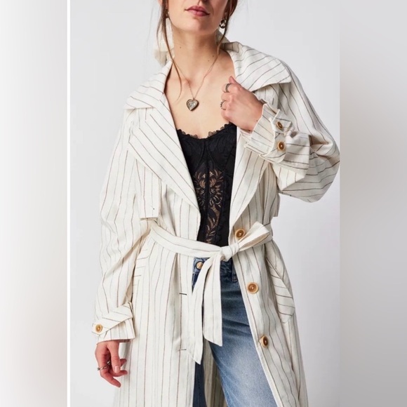 Free People Striped White Trench Coat